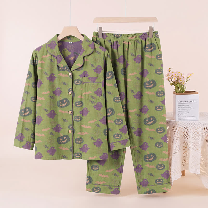 Cute Ghost Pumpkin Cotton Loungewear Set - Green & Purple - XL - image 42
