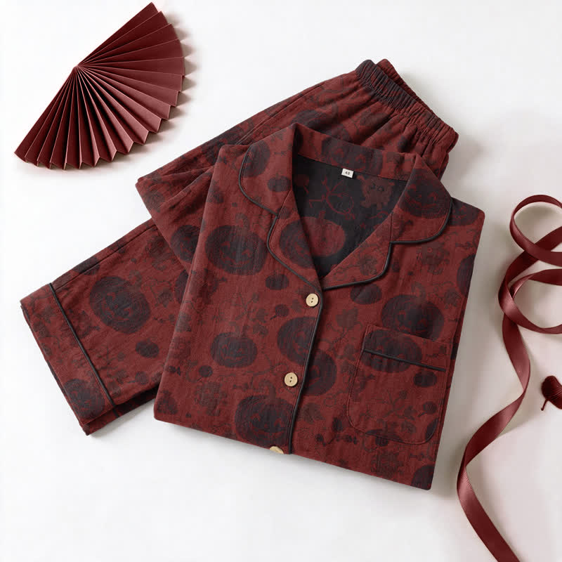 Red Pumpkin Monster Cotton Loungewear Set - Red & Black - XL - image 0