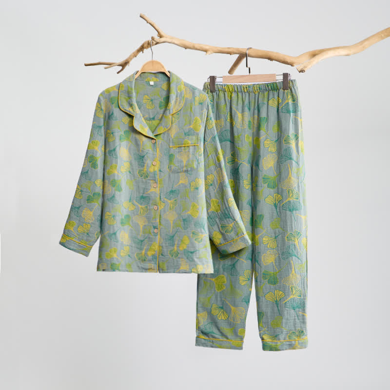 Nature‑Inspired Ginkgo Leaf Cotton Loungewear Set - Light Gray - XL - image 12