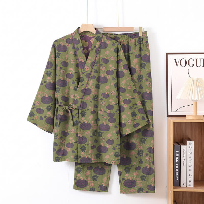 Retro Halloween Pumpkin Kimono Pajama Set - Green - XL - image 8