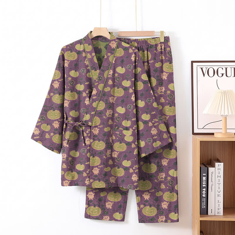 Retro Halloween Pumpkin Kimono Pajama Set - Purple - XL - image 1