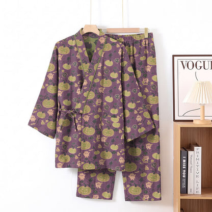 Retro Halloween Pumpkin Kimono Pajama Set - Purple - XL - image 1