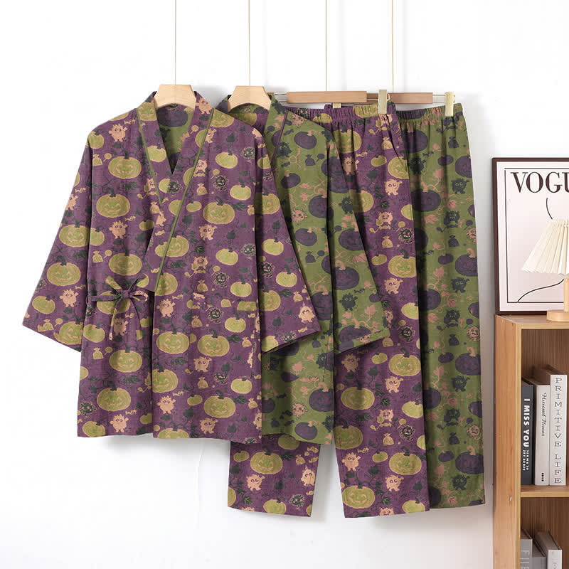 Retro Halloween Pumpkin Kimono Pajama Set - image 0