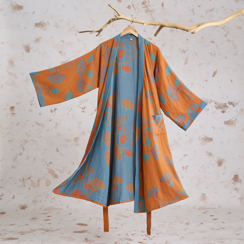 Retro Ginkgo Leaf Cotton Kimono Robe - Orange - XL - image 0