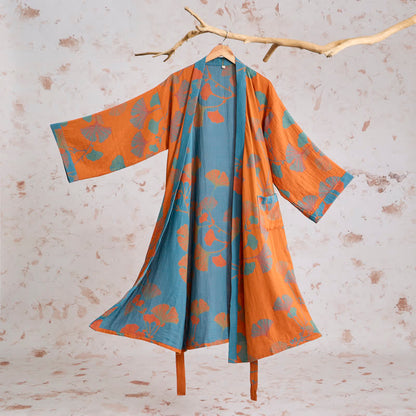 Retro Ginkgo Leaf Cotton Kimono Robe - Orange - XL - image 0