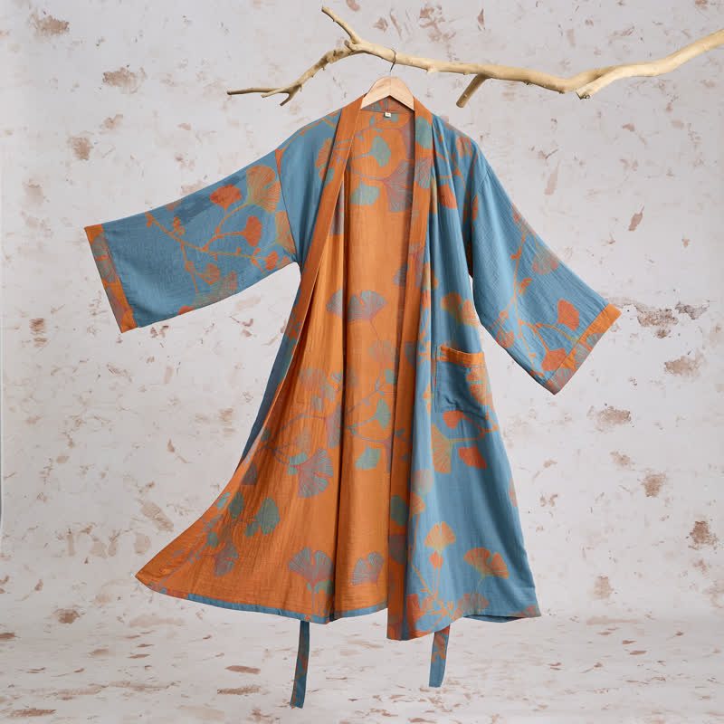 Retro Ginkgo Leaf Cotton Kimono Robe - Blue - XL - image 8