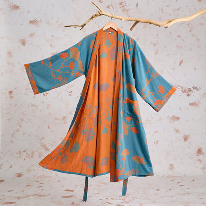 Retro Ginkgo Leaf Cotton Kimono Robe - Blue - XL - image 8