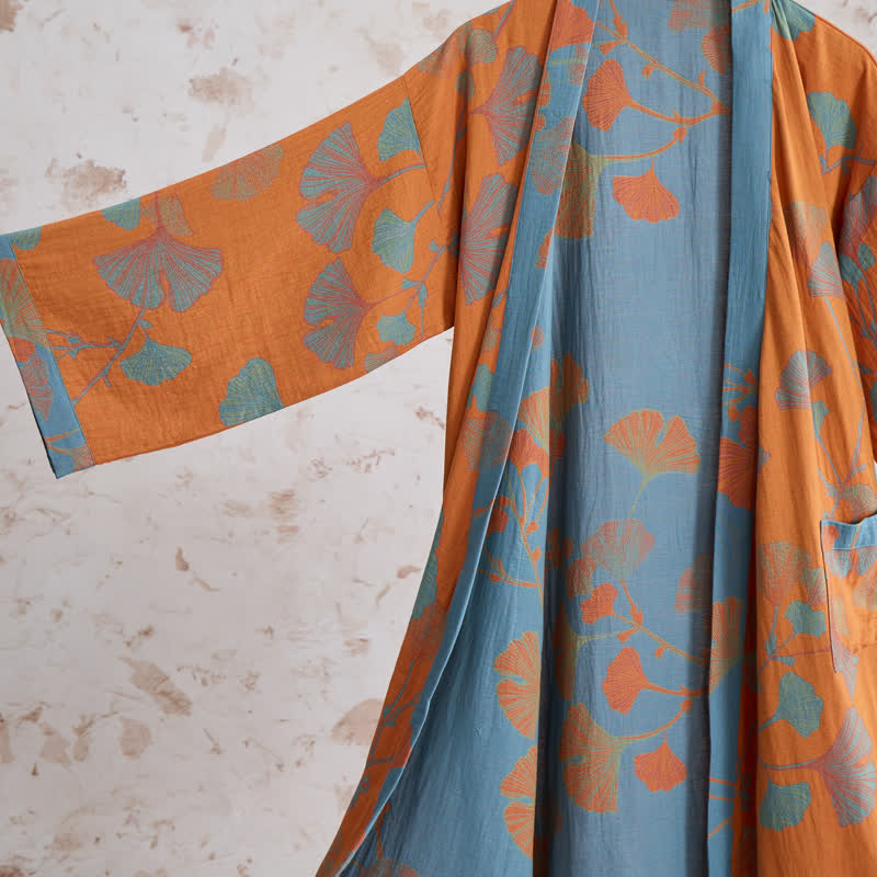 Retro Ginkgo Leaf Cotton Kimono Robe - image 3