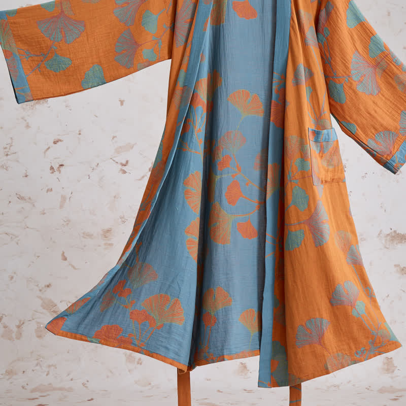 Retro Ginkgo Leaf Cotton Kimono Robe - image 5