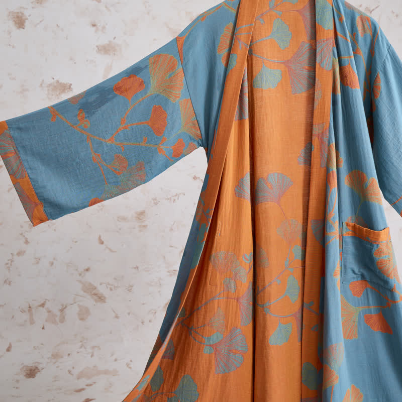 Retro Ginkgo Leaf Cotton Kimono Robe - image 11