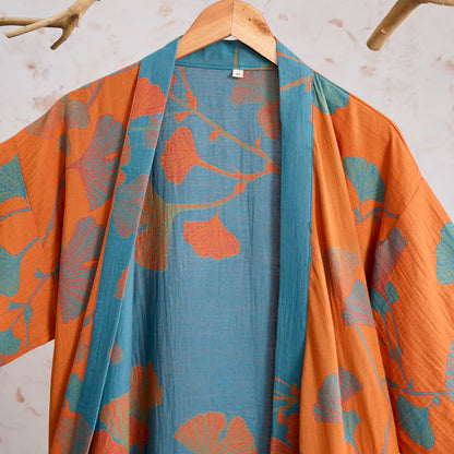 Retro Ginkgo Leaf Cotton Kimono Robe - image 2