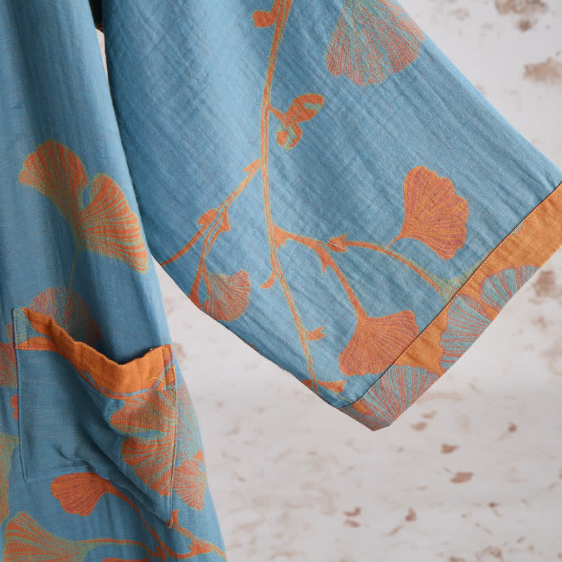 Retro Ginkgo Leaf Cotton Kimono Robe - image 12