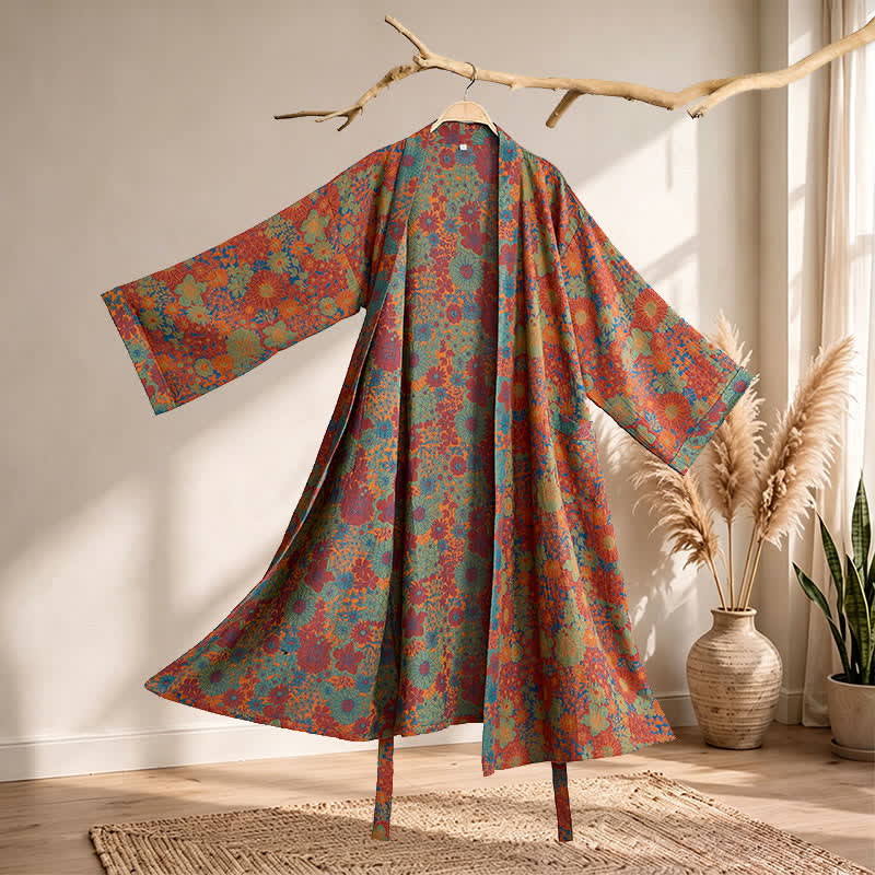 Vintage Colorful Flower Cotton Kimono Robe - Red - XL - image 0