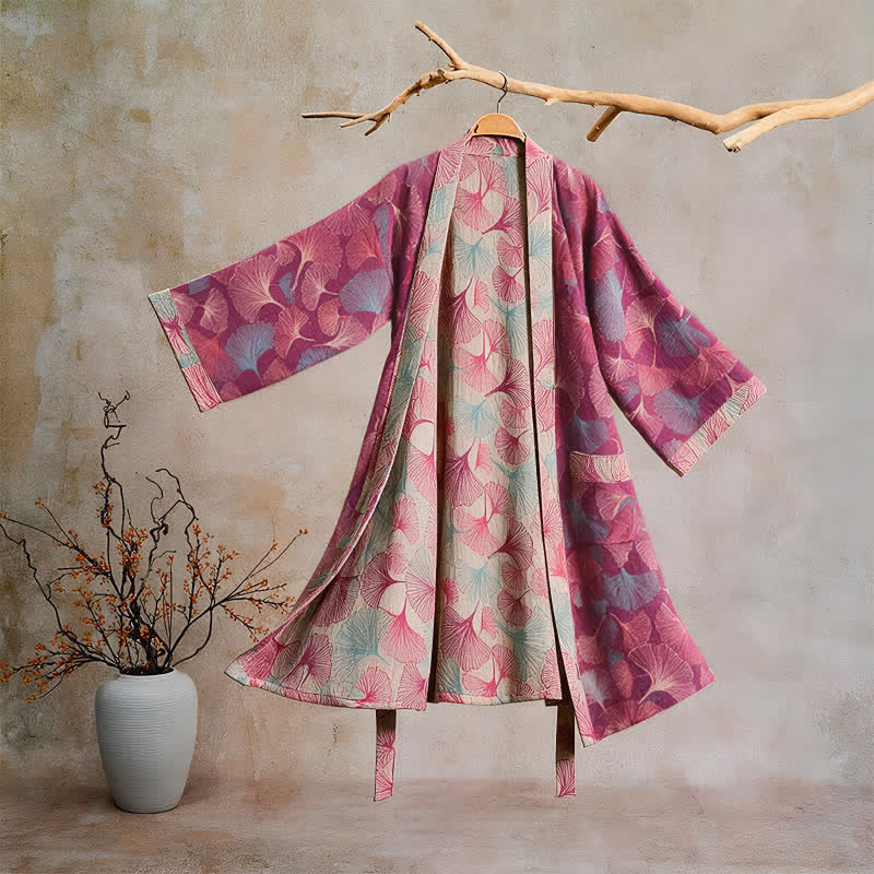Artistic Ginkgo Leaf Kimono Loungewear Robe - Fuchsia - XL - image 0