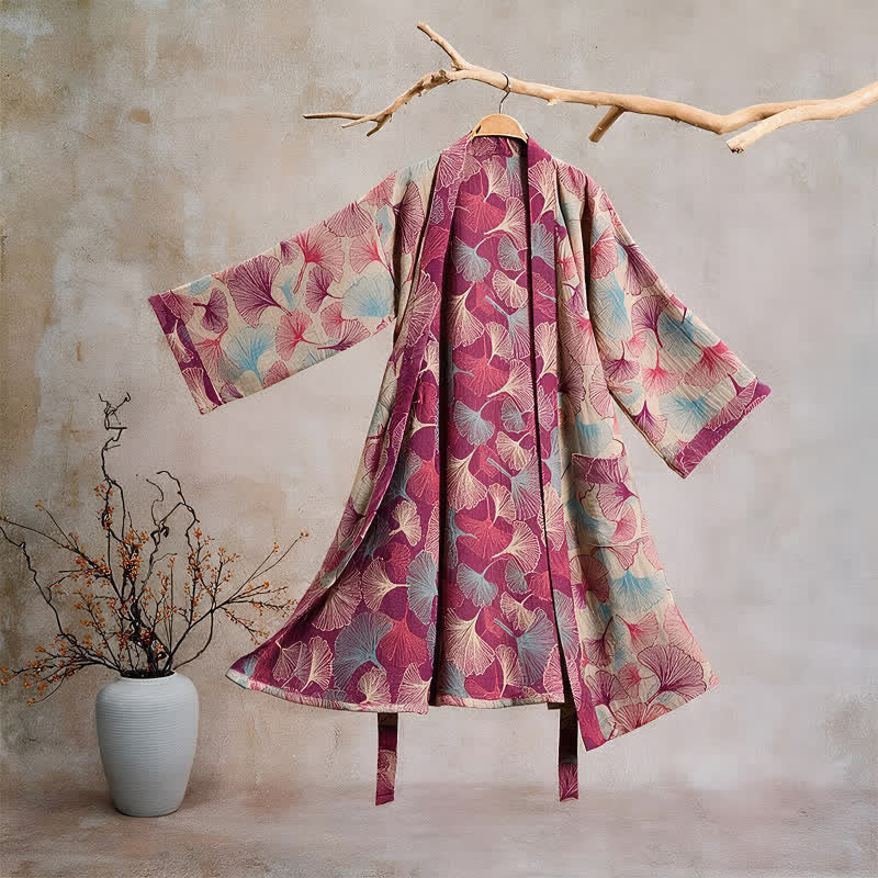 Artistic Ginkgo Leaf Kimono Loungewear Robe - Beige - XL - image 5