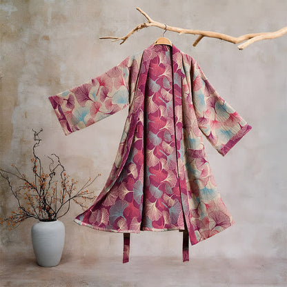 Artistic Ginkgo Leaf Kimono Loungewear Robe - Beige - XL - image 5
