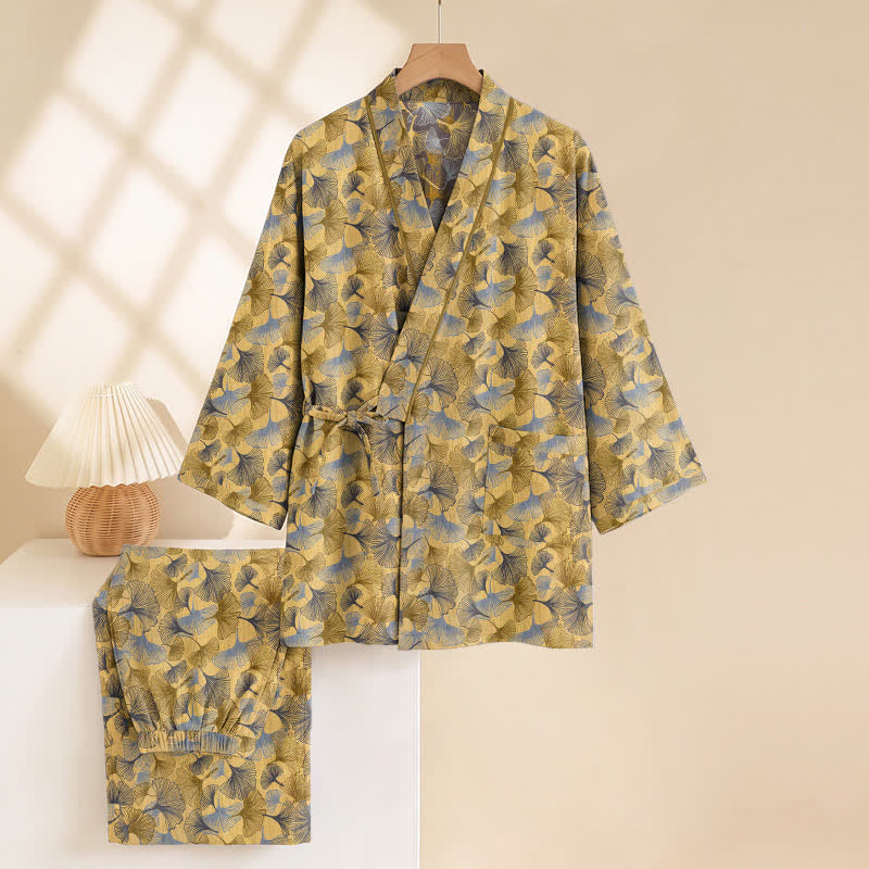 Vintage Ginkgo Leaf Cotton Kimono Pajama Set - image 2