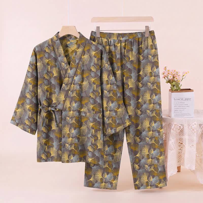 Vintage Ginkgo Leaf Cotton Kimono Pajama Set - image 9