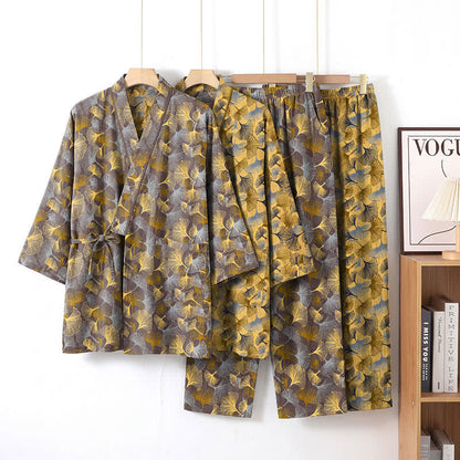 Vintage Ginkgo Leaf Cotton Kimono Pajama Set - image 7
