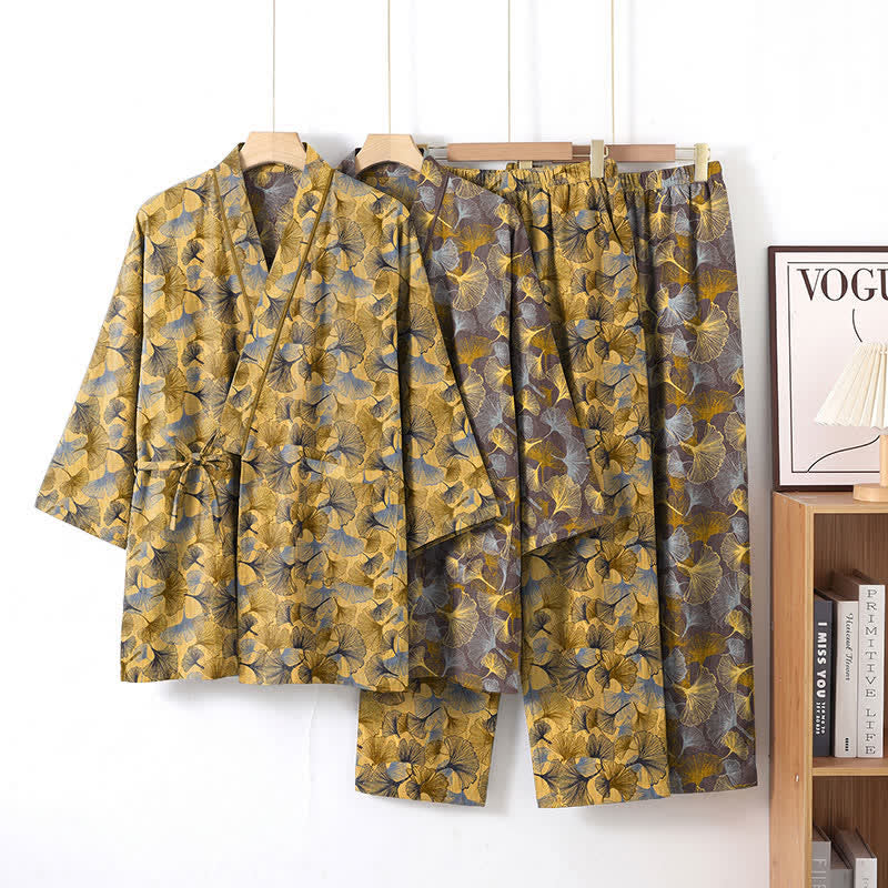Vintage Ginkgo Leaf Cotton Kimono Pajama Set - image 0