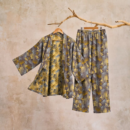 Vintage Ginkgo Leaf Cotton Kimono Pajama Set - image 10