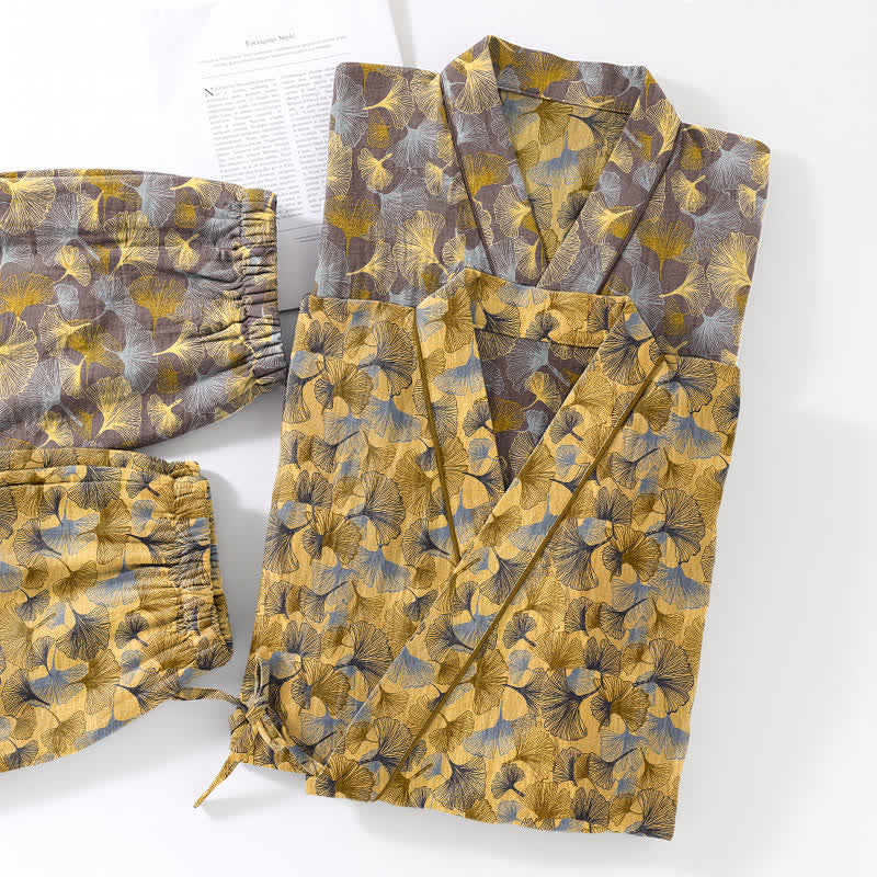 Vintage Ginkgo Leaf Cotton Kimono Pajama Set - image 5