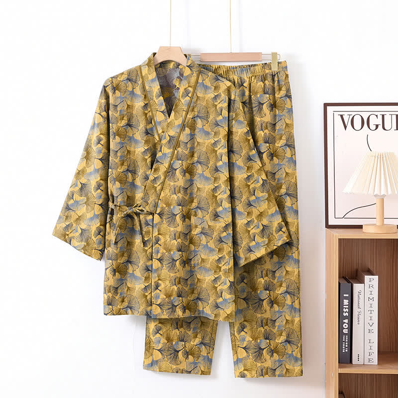 Vintage Ginkgo Leaf Cotton Kimono Pajama Set - Yellow - XL - image 1