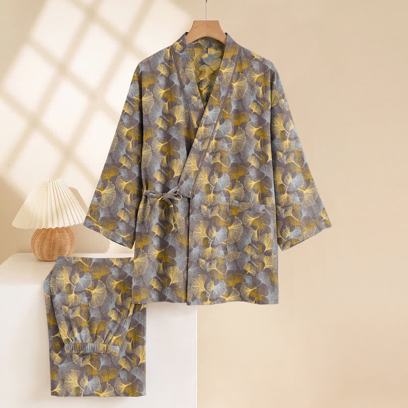 Vintage Ginkgo Leaf Cotton Kimono Pajama Set - image 8