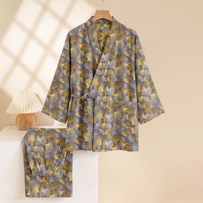 Vintage Ginkgo Leaf Cotton Kimono Pajama Set - image 8