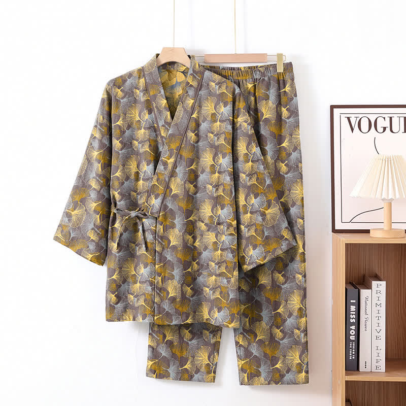 Vintage Ginkgo Leaf Cotton Kimono Pajama Set - Light Brown - XL - image 6