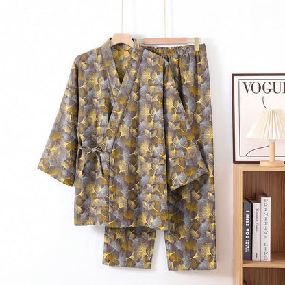 Vintage Ginkgo Leaf Cotton Kimono Pajama Set - Light Brown - XL - image 6