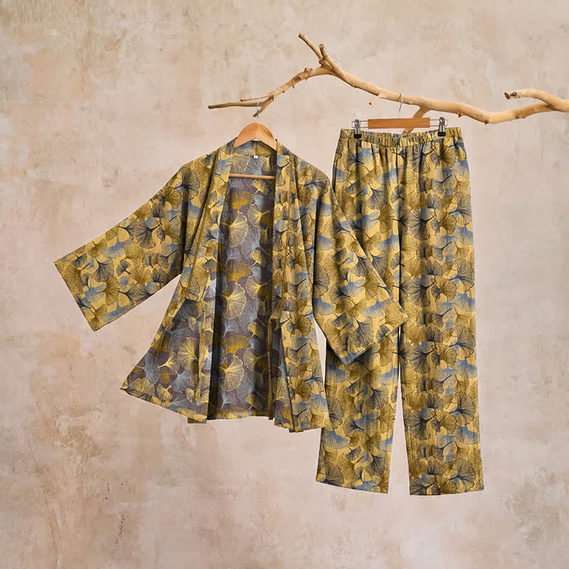 Vintage Ginkgo Leaf Cotton Kimono Pajama Set - image 4