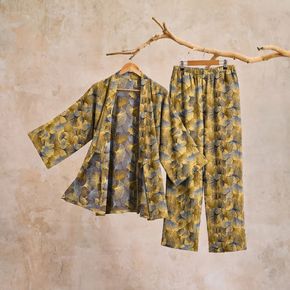 Vintage Ginkgo Leaf Cotton Kimono Pajama Set - image 4
