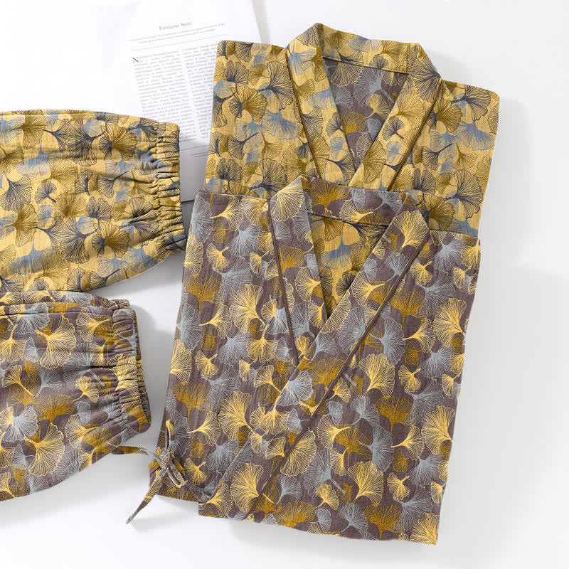 Vintage Ginkgo Leaf Cotton Kimono Pajama Set - image 11