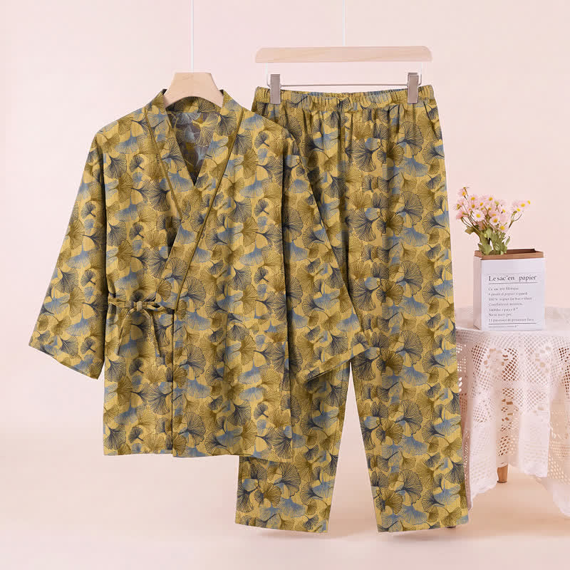 Vintage Ginkgo Leaf Cotton Kimono Pajama Set - image 3