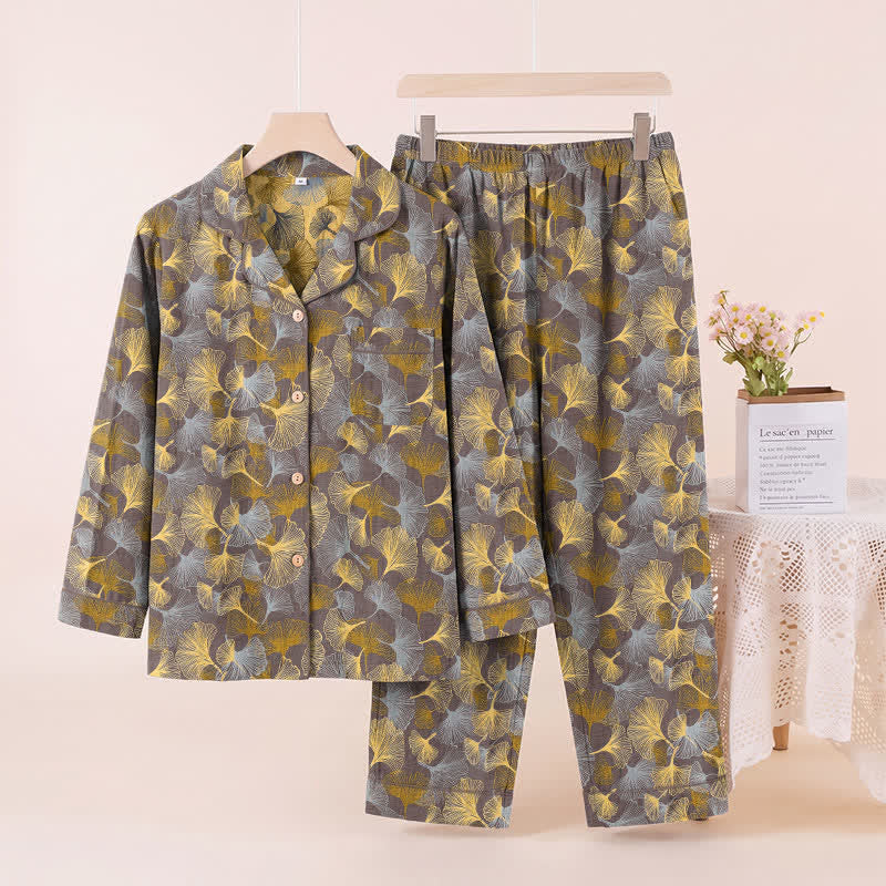 Ginkgo Leaf Notch Collar Pajama Set - Light Brown - XL - image 5