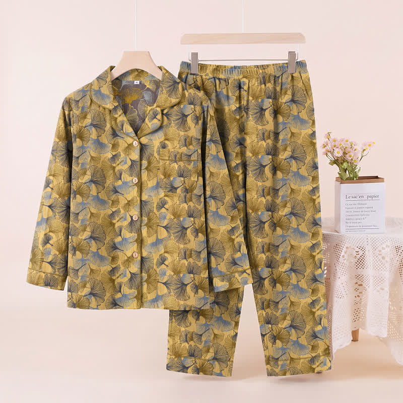 Ginkgo Leaf Notch Collar Pajama Set - Yellow - XL - image 0