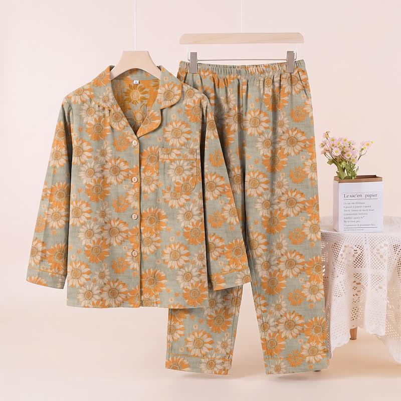 Retro Sunflower Cotton Loungewear Pajama Set - Light Gray - XL - image 7