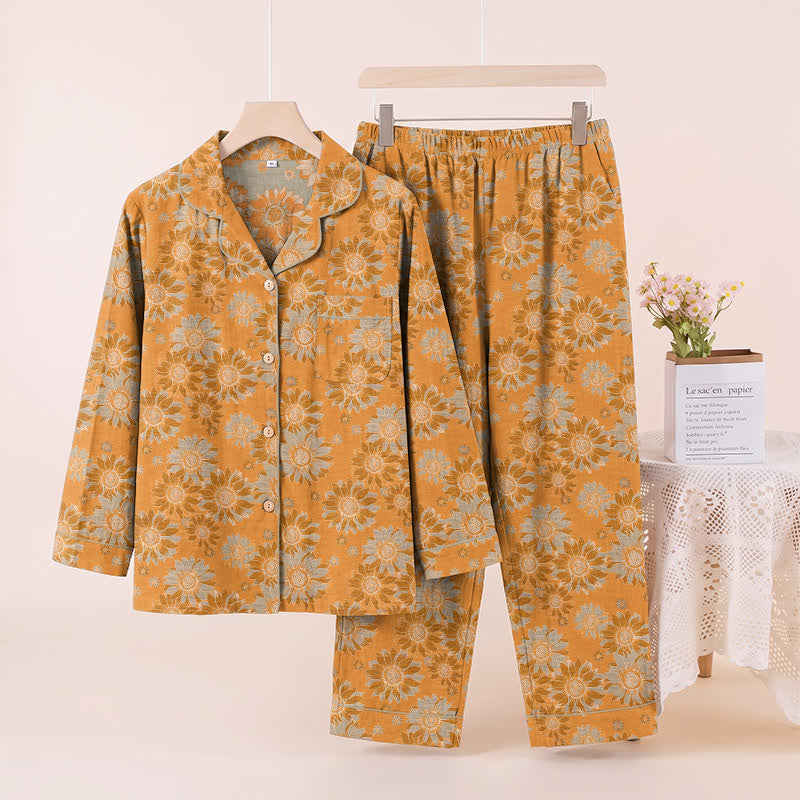 Retro Sunflower Cotton Loungewear Pajama Set - Orange - XL - image 0