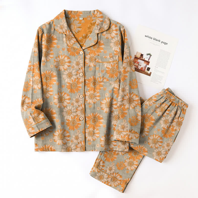 Retro Sunflower Cotton Loungewear Pajama Set - image 12