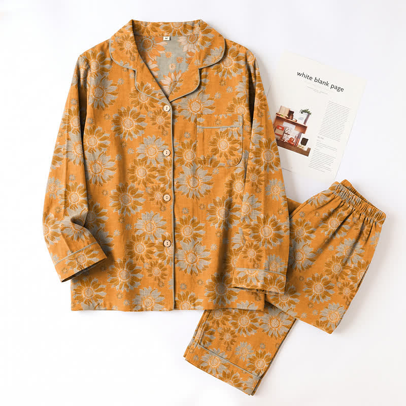 Retro Sunflower Cotton Loungewear Pajama Set - image 5
