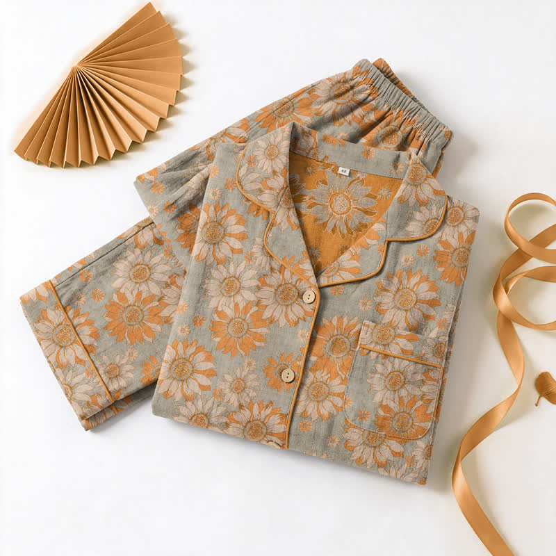 Retro Sunflower Cotton Loungewear Pajama Set - image 13