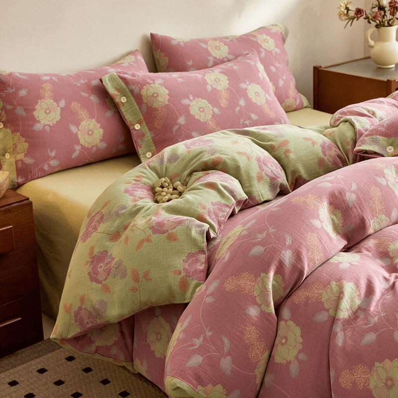 Vintage Flower Cotton Duvet Cover Set - Pink - Bedding Set (4PCS) - King - image 0