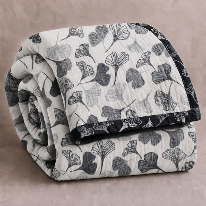 Grey‑Black Ginkgo Leaf Cotton Blanket - Light Gray - 92" x 104" - image 0