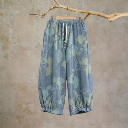 Retro Botanical Ginkgo Leaf Cotton Lounge Pants - Blue - XL - image 0