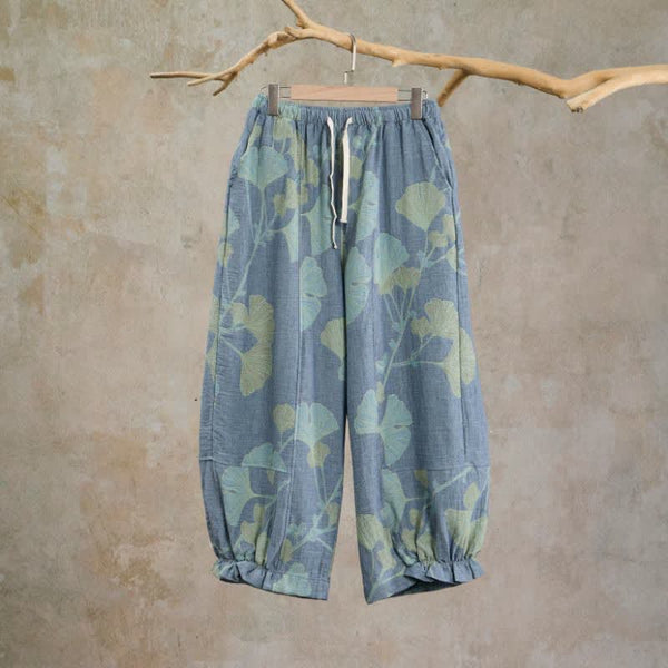 Retro Botanical Ginkgo Leaf Cotton Lounge Pants - Blue - XXL - image 0