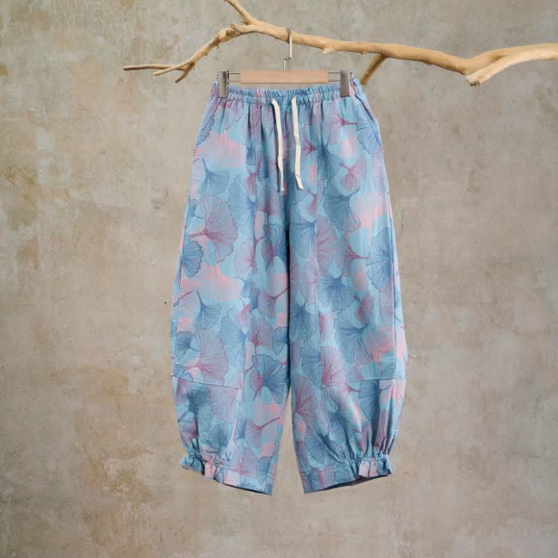 Vintage Ginkgo Leaf Cotton Lounge Pants - Blue - XL - image 0