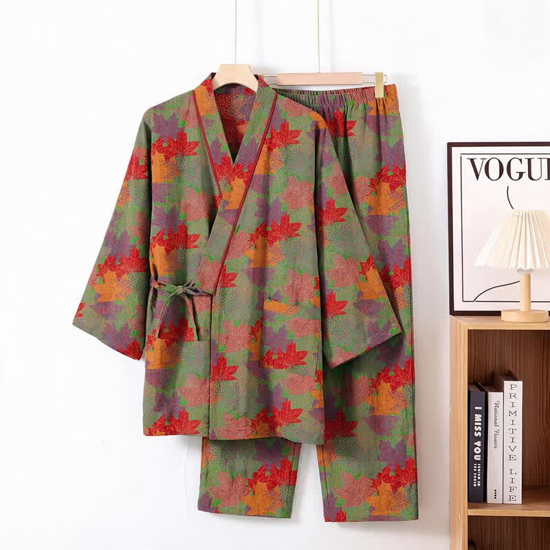 Maple Leaf Cotton Kimono Pajama Set - Green & Red - XL - image 7