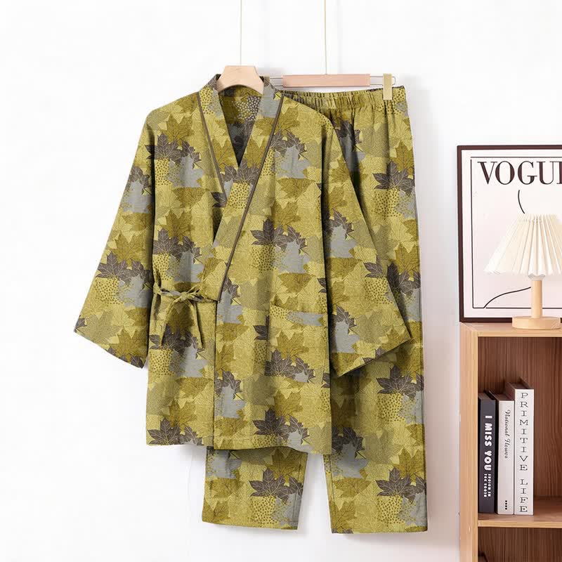 Maple Leaf Cotton Kimono Pajama Set - Yellow & Gray - XL - image 15