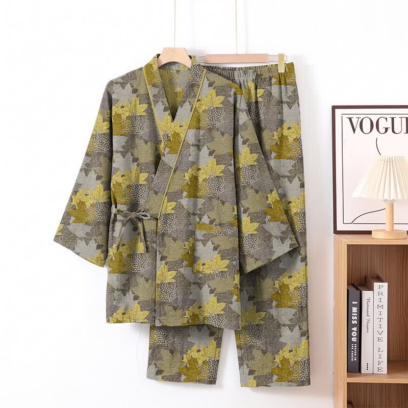 Maple Leaf Cotton Kimono Pajama Set - Gray & Yellow - XL - image 23